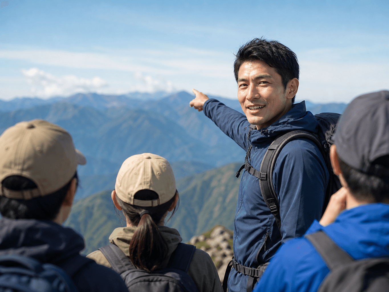山頂で景色を説明する登山ガイド - Mountain Guide Explaining the View at the Summit