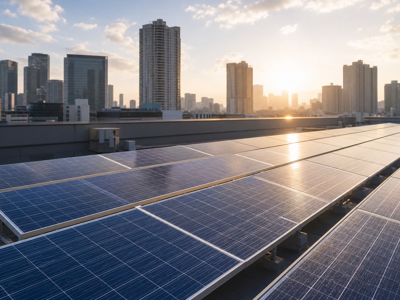 ビルの屋上に並ぶ太陽光パネル - Solar panels on a rooftop against a city skyline
