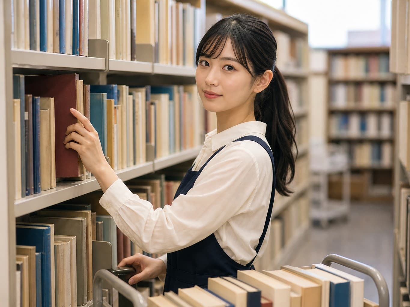 書架で本を整理する図書館司書 - Librarian shelving books in a library