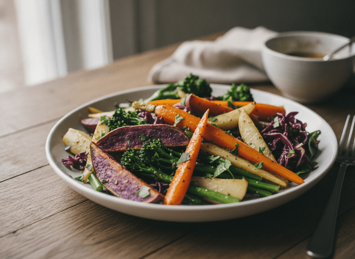 白い皿に盛られた彩り豊かな季節の温野菜サラダ - Colorful Seasonal Warm Vegetable Salad on a White Plate