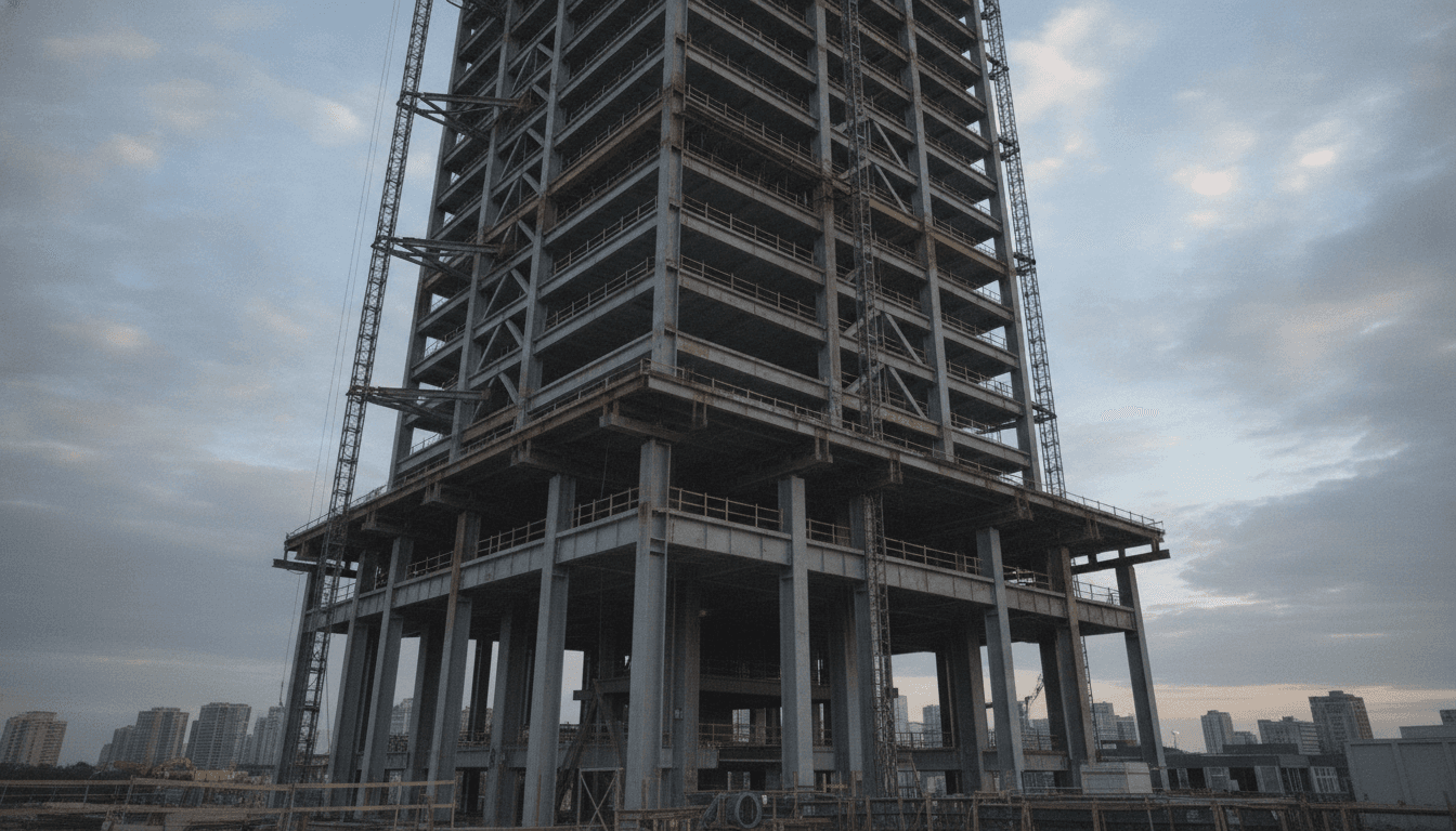 建設現場における高層ビルの鉄骨フレーム