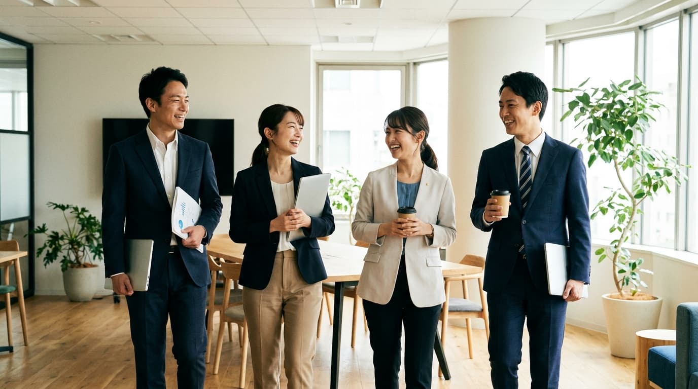 大きな窓の明るいオフィスで談笑する社員たち