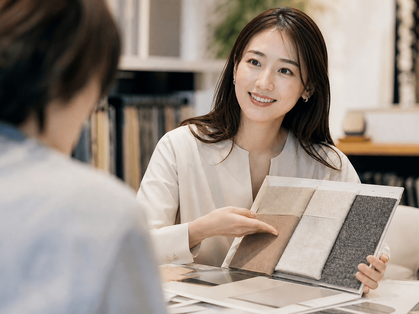 布地サンプルを提案するインテリアデザイナー - Interior designer presenting fabric samples to a client