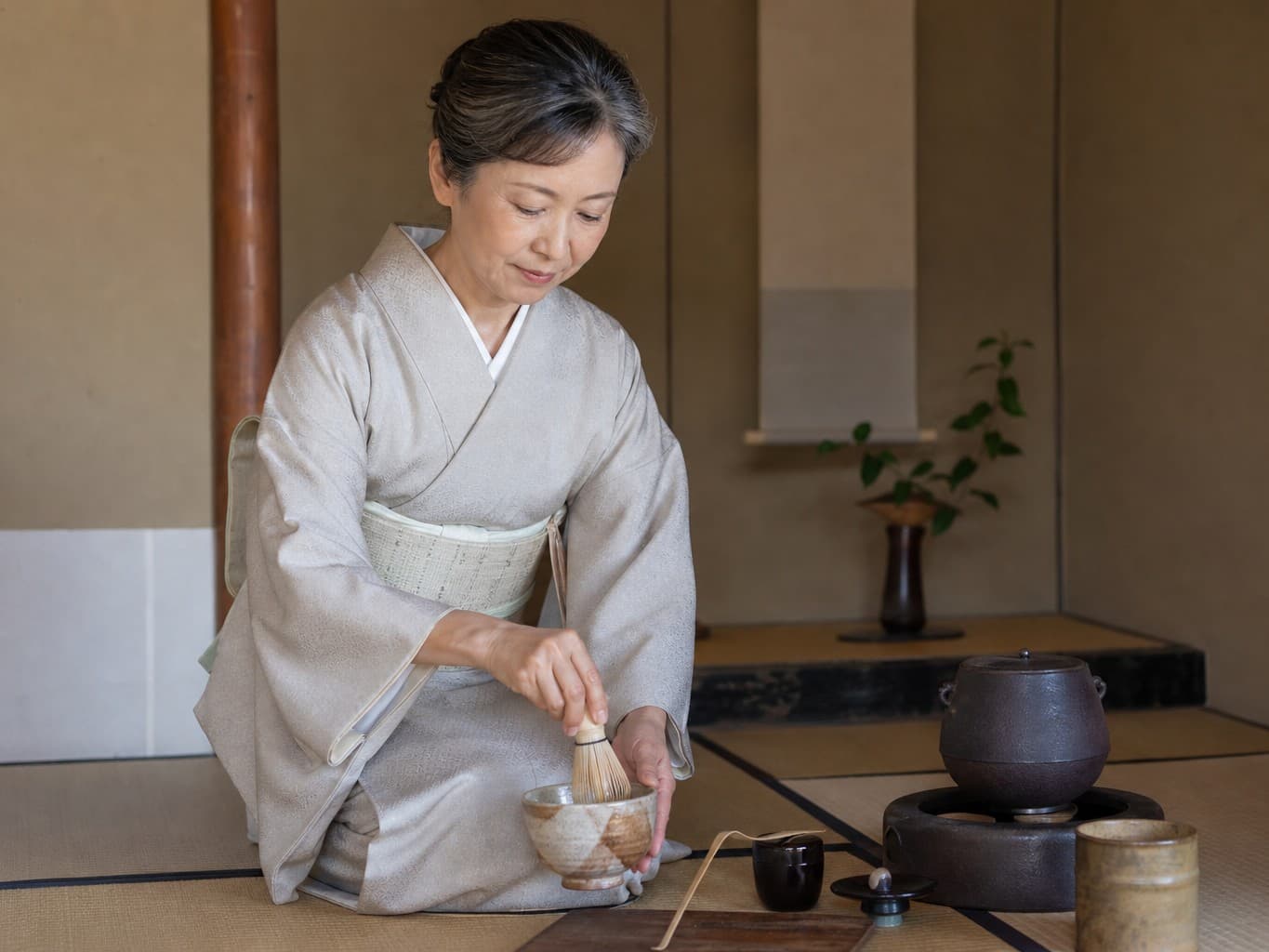 茶碗でお茶を点てる茶道の先生 - Tea ceremony teacher whisking matcha in a tea room