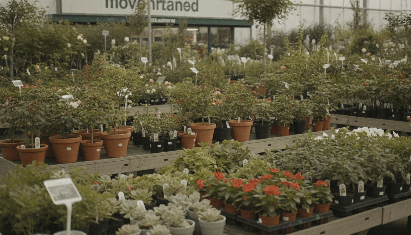 園芸店の棚に並ぶ鉢植えと苗
