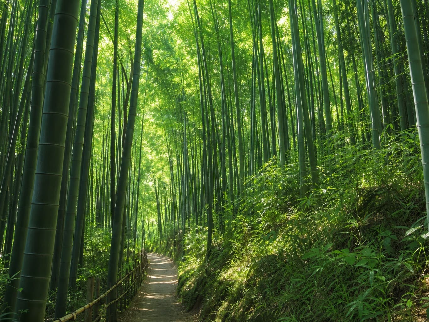 木漏れ日が差す竹林の小道 - Sunlit path through a green bamboo grove