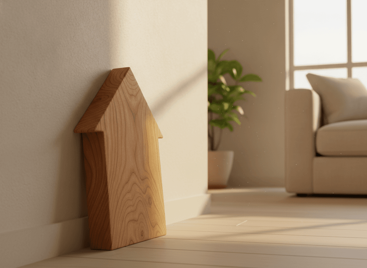 陽光が差し込むリビングの家型木製オブジェ - House-shaped wooden ornament in a sunlit living room