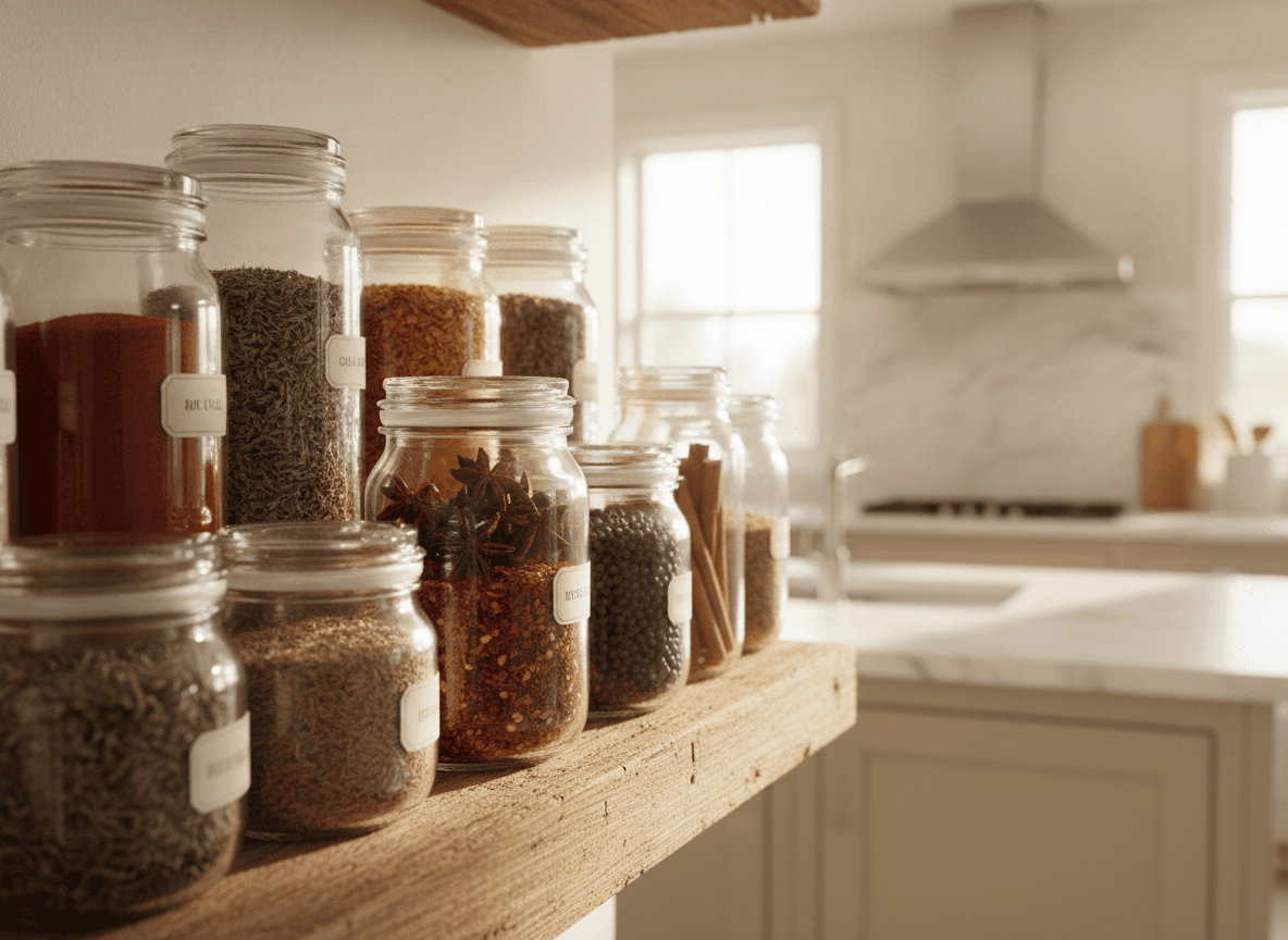 オープンキッチンの棚に並ぶスパイス瓶 - Spice Jars on Open Kitchen Shelf