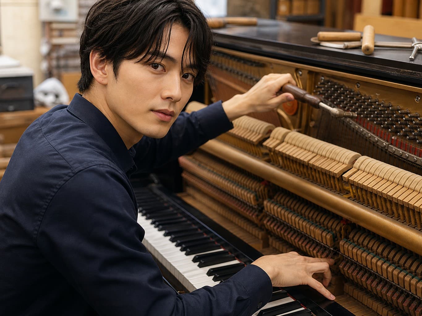ピアノを調律する調律師 - Piano tuner adjusting the internal hammers and strings