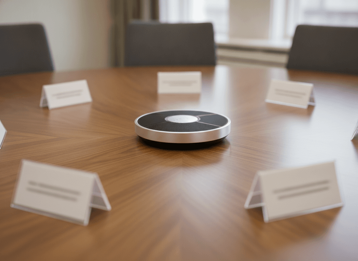 会議室の円卓に並ぶスピーカーと名札 - Conference Speakerphone on a Round Meeting Table