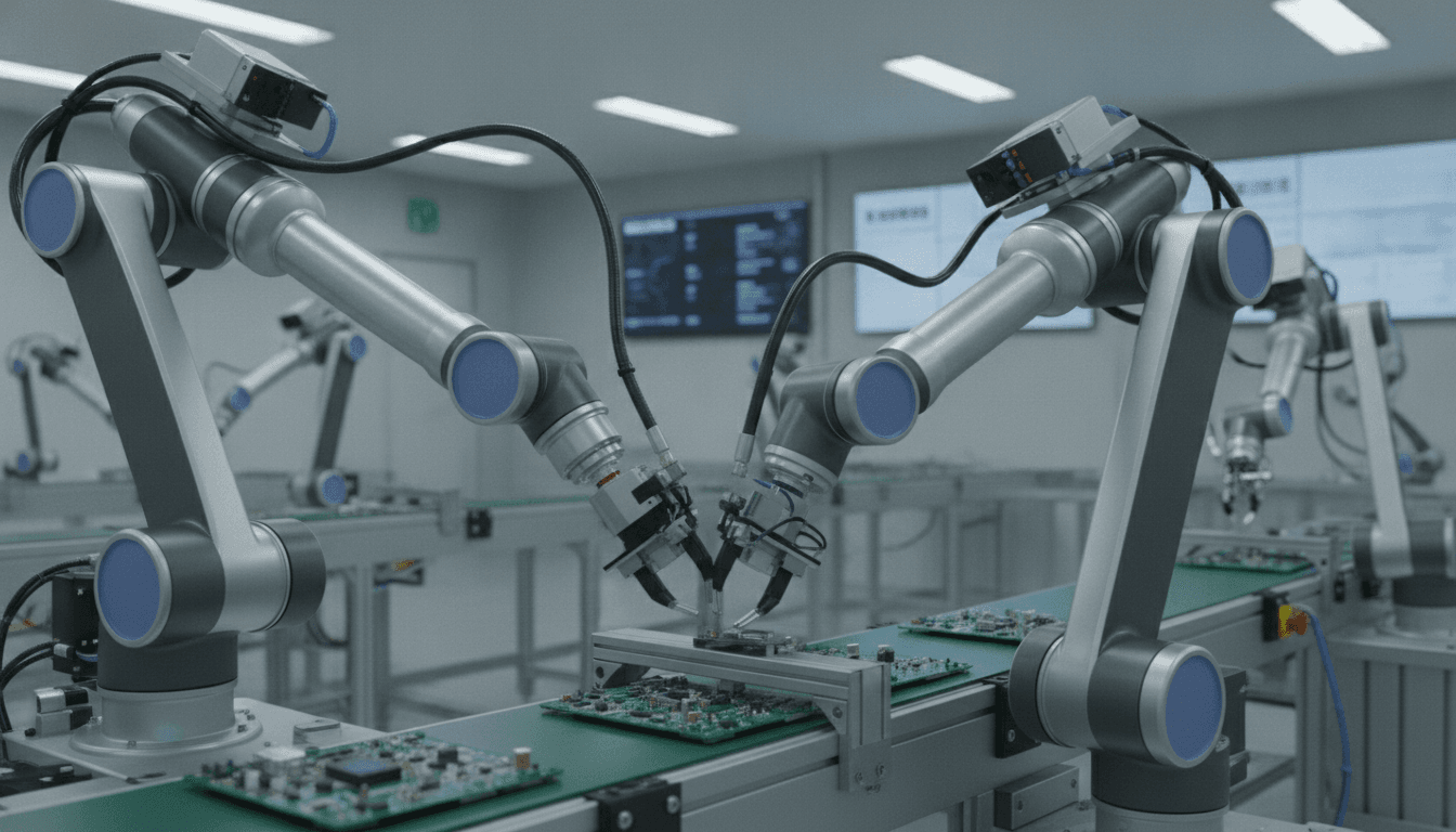 工場で稼働する自動化ロボットアーム