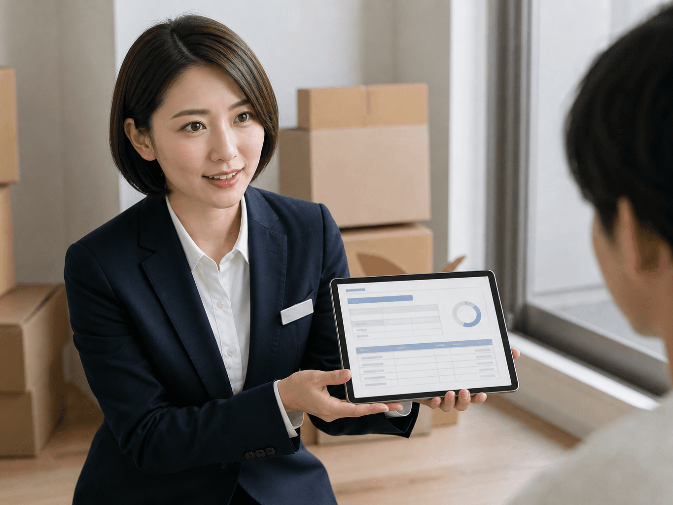 引越し見積もりをする営業担当者 - Moving Company Representative Estimating a Quote