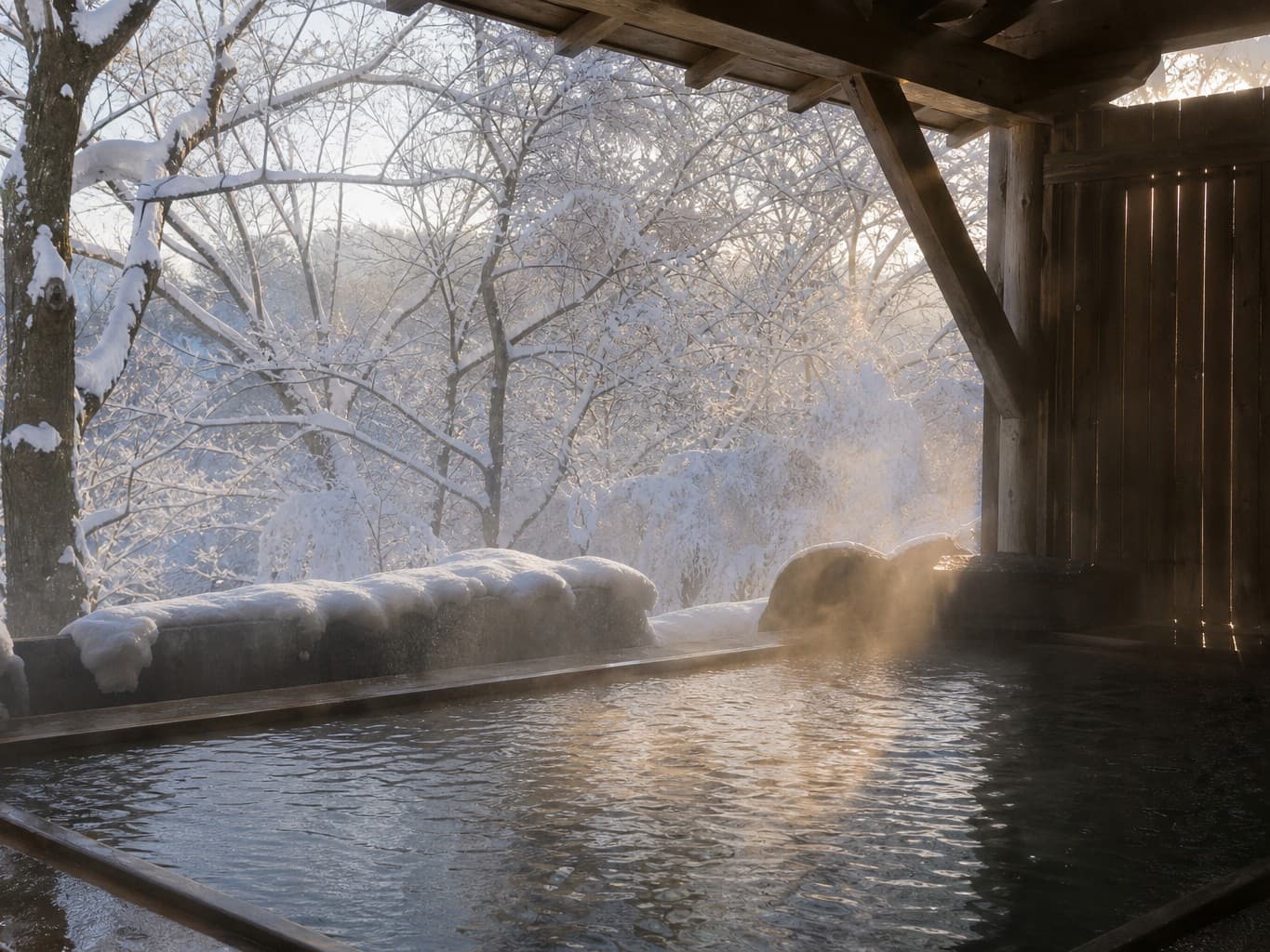 雪景色の露天風呂から立ち上る湯けむり - Steam rising from an outdoor hot spring bath in the snow