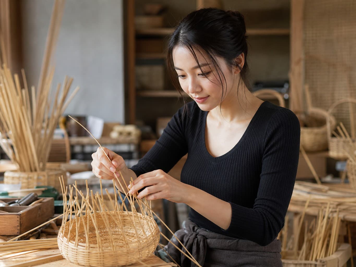 竹ひごを編んで竹かごを作る職人 - Bamboo craftswoman weaving a round basket