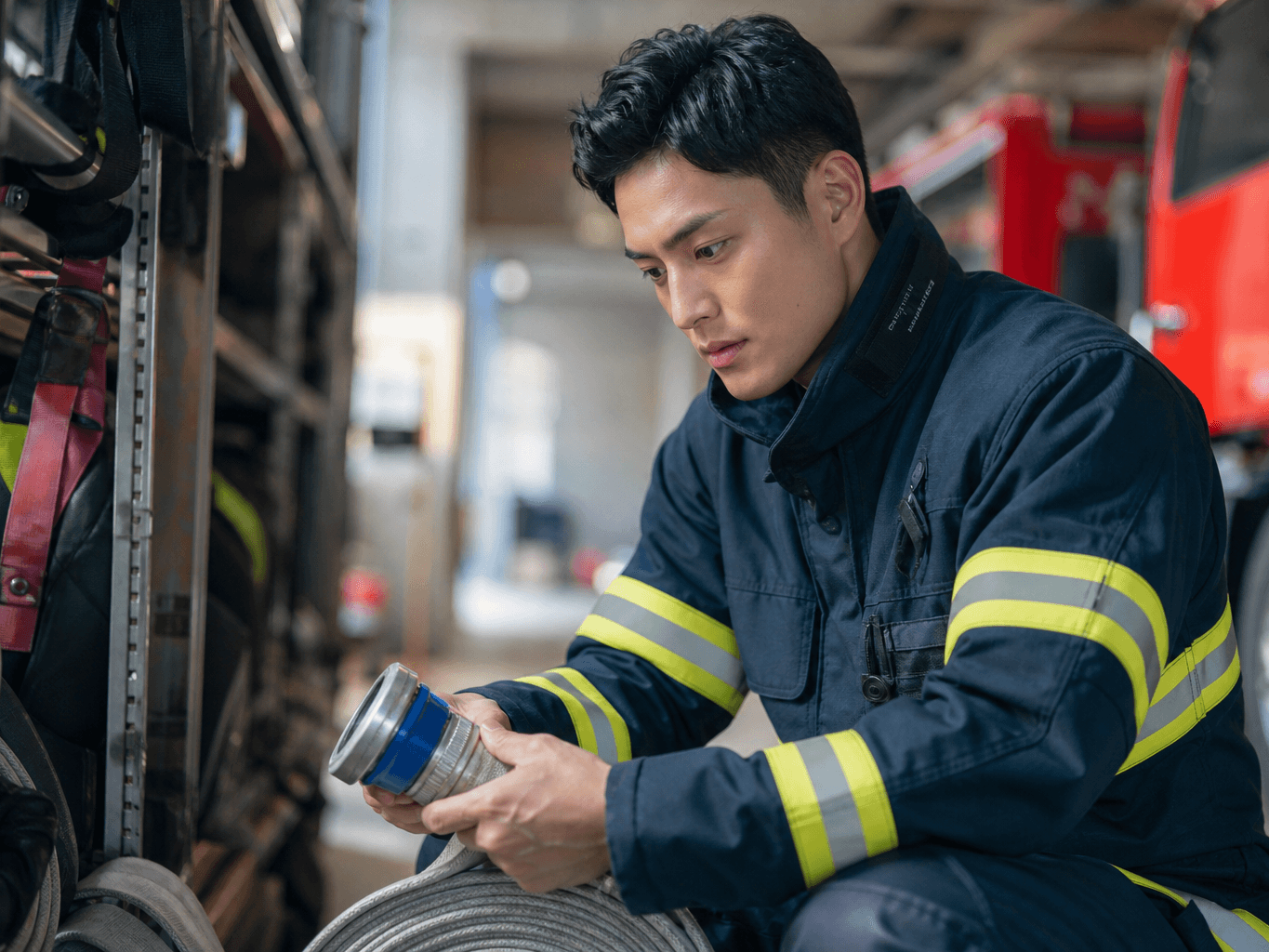 消防署で装備点検をする消防士 - Firefighter Inspecting Equipment at the Station