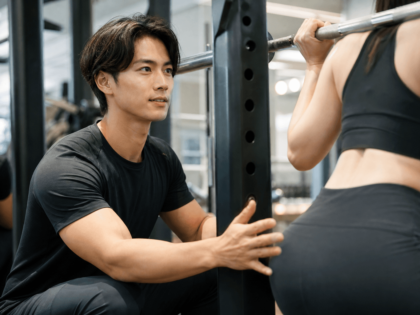 スクワットのフォームを指導するパーソナルトレーナー - Personal trainer coaching a client's squat form