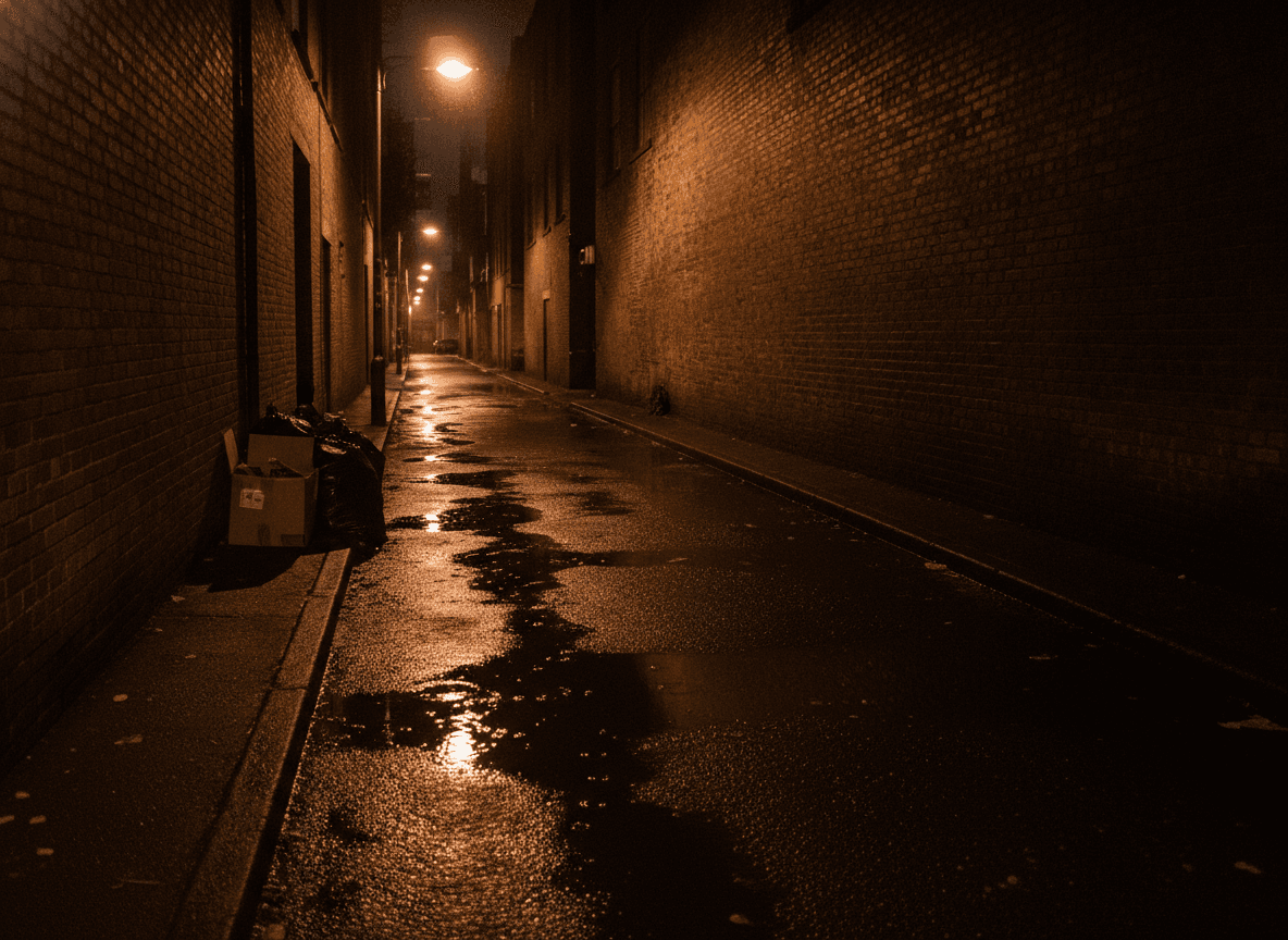 雨上がりの夜の路地裏と街灯の反射 - Night Alleyway After Rain with Streetlight Reflections