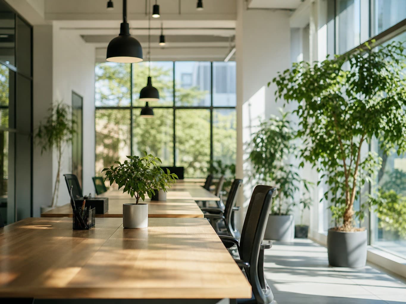 朝の光が差し込む無人のコワーキングスペース - Empty coworking space filled with morning light