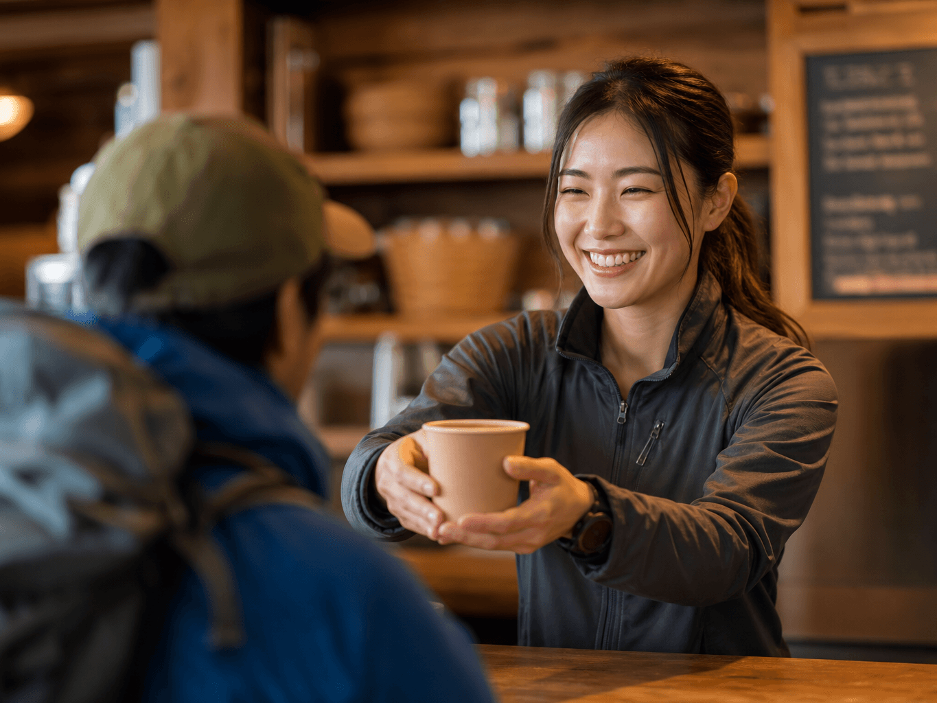 登山客をもてなす山小屋スタッフ - Mountain Hut Staff Serving a Hiker
