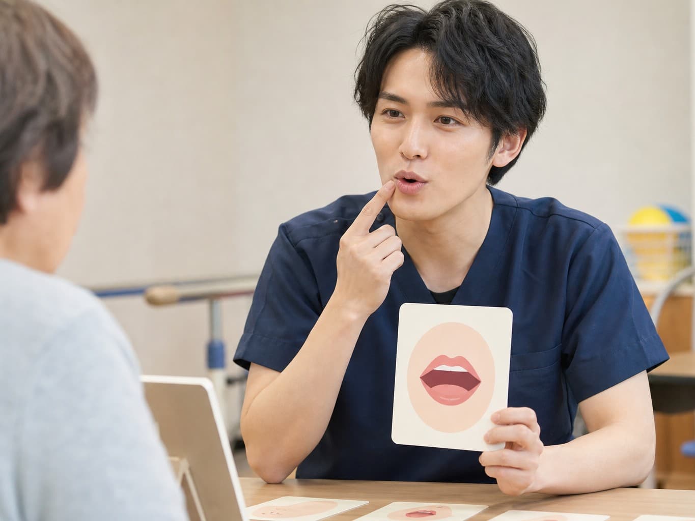 発声の訓練を支援する言語聴覚士 - Speech therapist guiding a patient's voice training