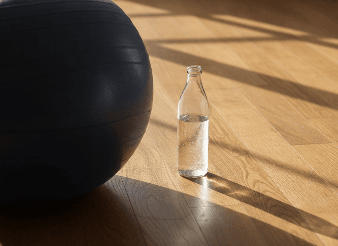 日当たりの良い室内のバランスボールと水 - Exercise Ball and Water Bottle on Sunlit Wooden Floor