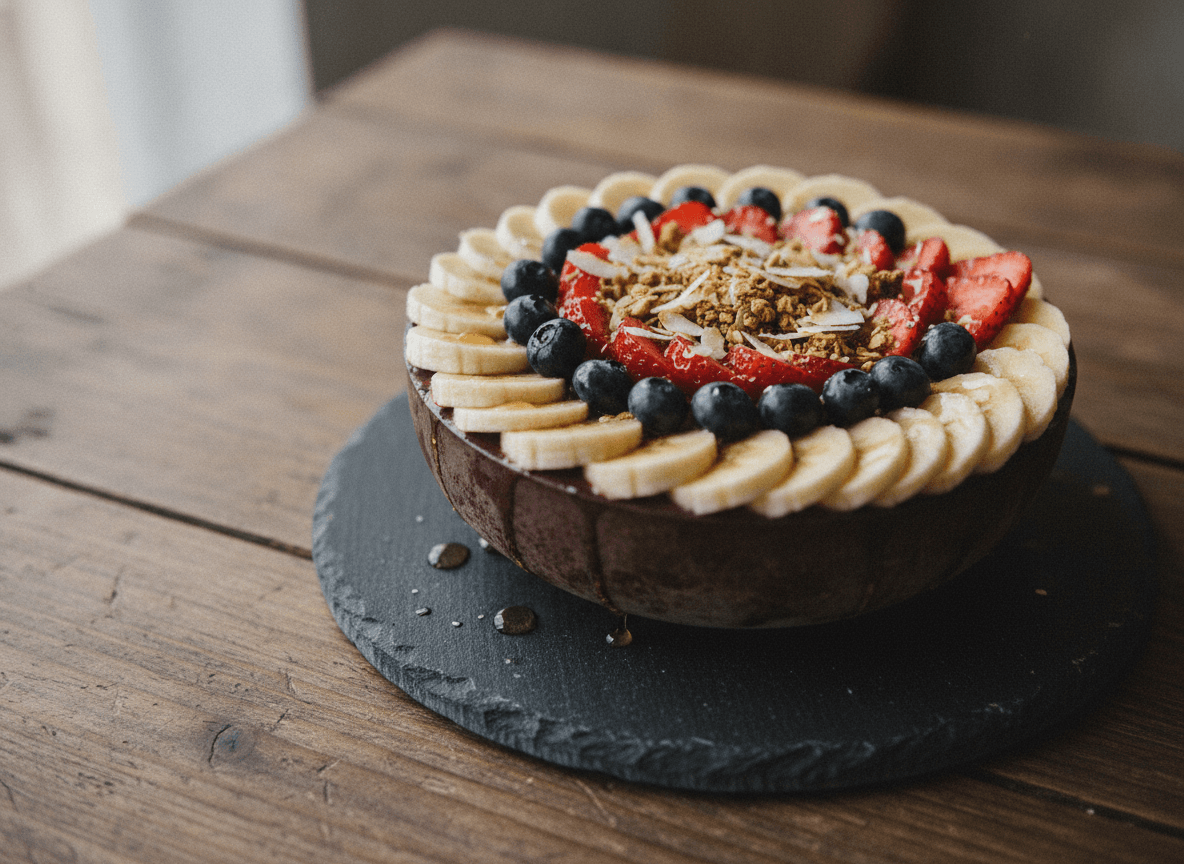 ストーンプレートに盛られたアサイーボウル - Acai Bowl Served on a Stone Plate on a Wooden Table