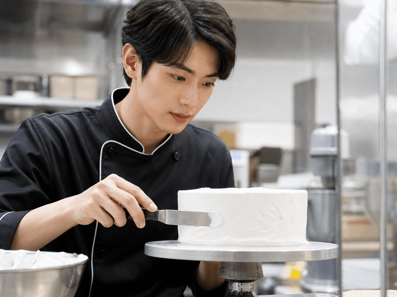 ケーキをデコレーションするパティシエ - Pastry chef decorating a cake with cream