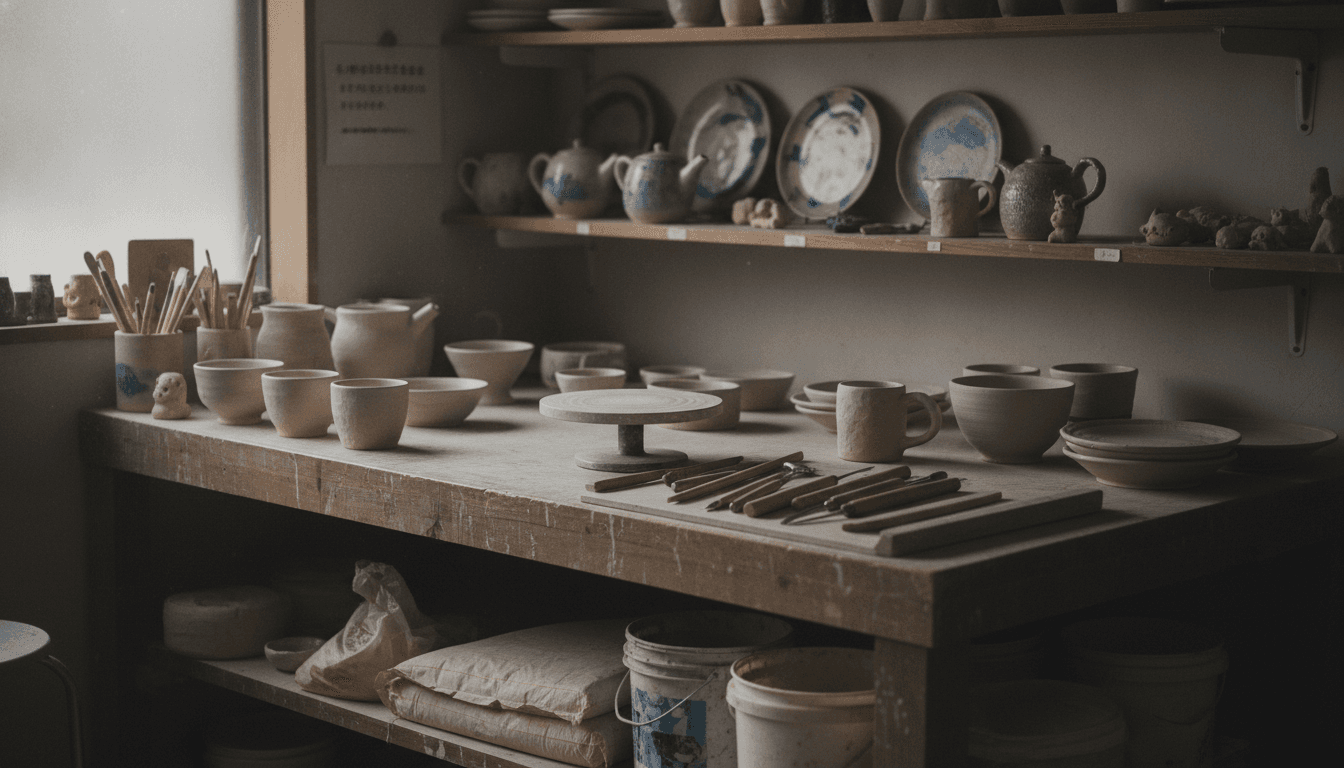 陶芸工房の棚に並ぶ作品と道具