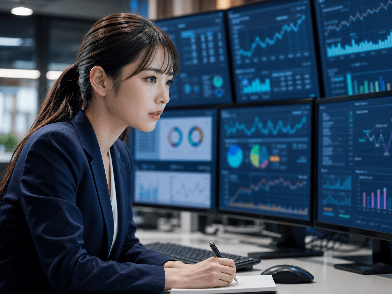 複数画面でデータ分析を行う女性アナリスト - Female Analyst Working on Multiple Monitors