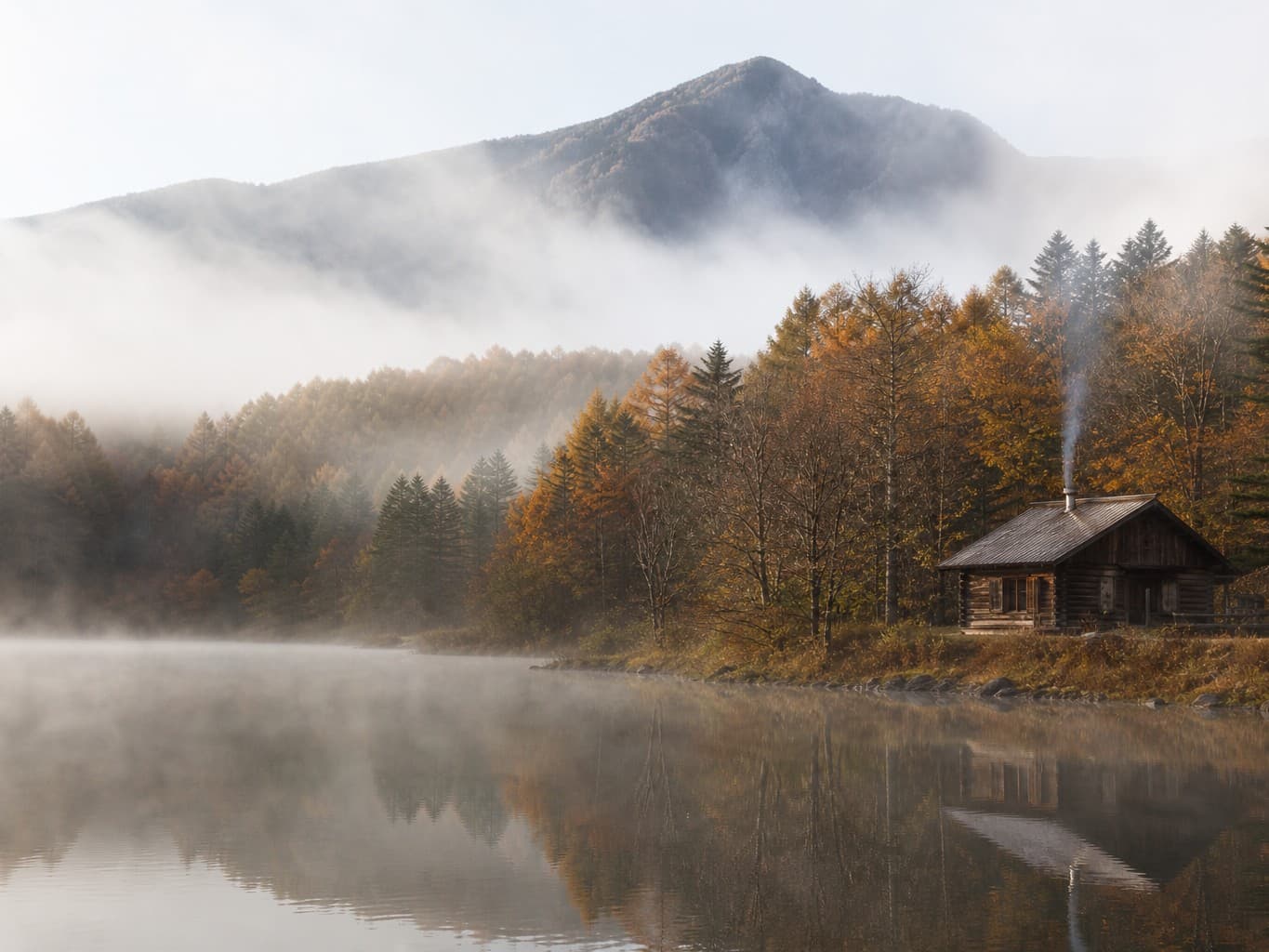 朝霧の湖畔に建つ山小屋 - Mountain cabin by a misty lake at dawn