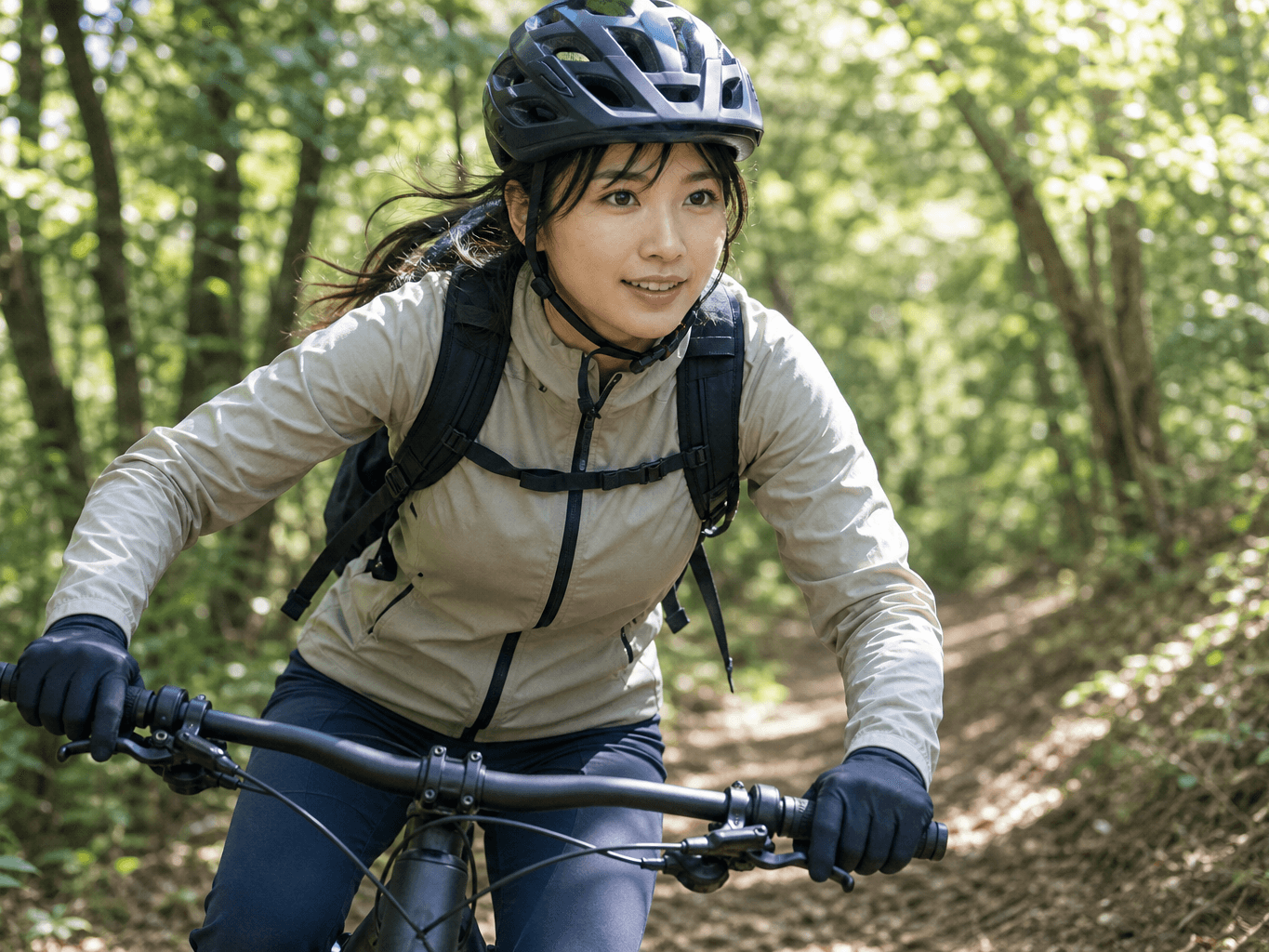 林道を走るマウンテンバイク - Mountain biking along a sunlit forest trail