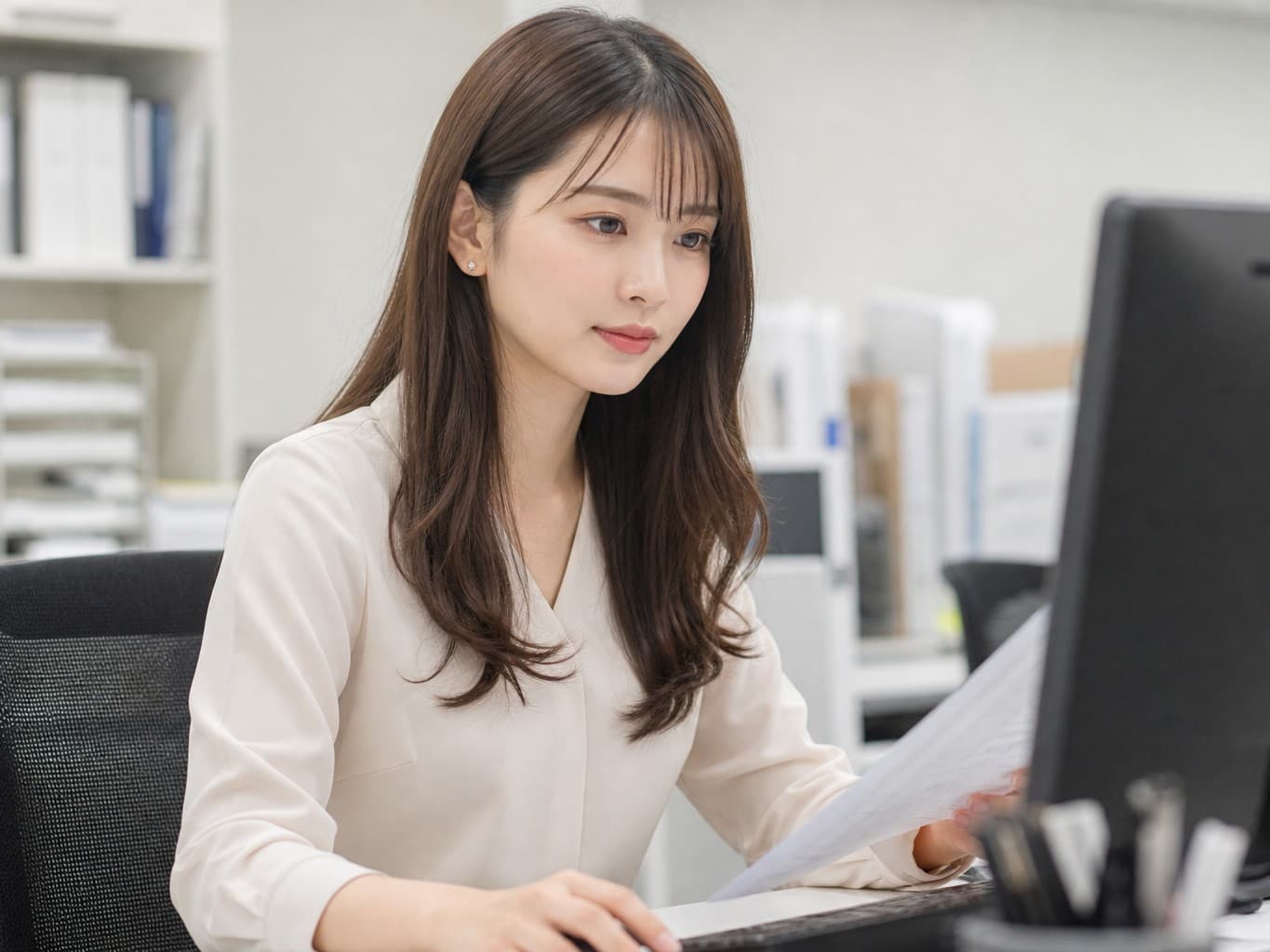 見積書を入力する営業事務 - Sales assistant entering estimate data at a desk
