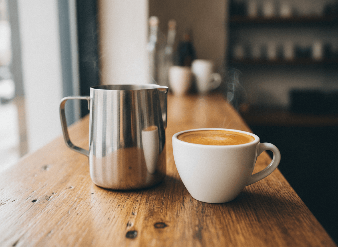 カフェカウンター上のエスプレッソとミルクピッチャー - Espresso and Steamed Milk Pitcher on Wooden Cafe Counter