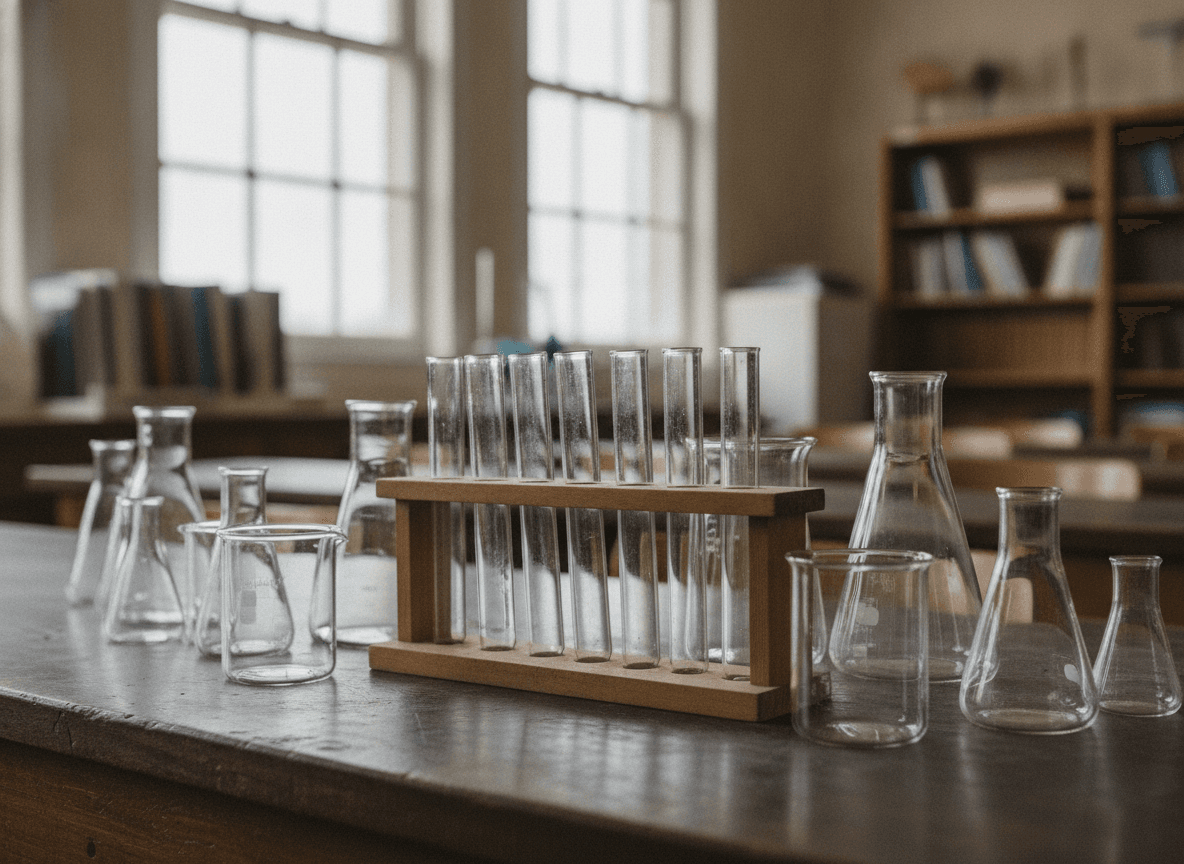 理科室の実験台に並ぶ試験管とガラス器具 - Test tubes and laboratory glassware on a science workbench