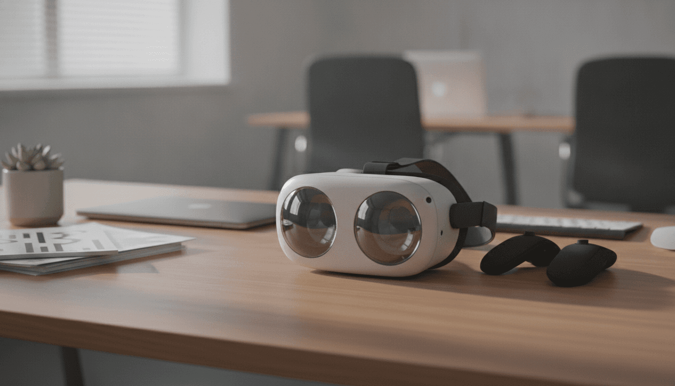 デスクの上に整然と置かれたVRゴーグル