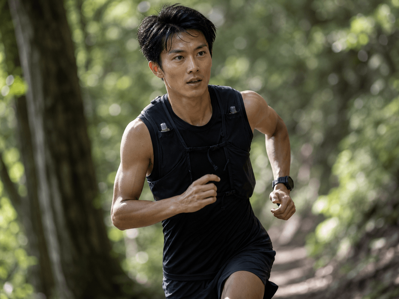 山道を走るトレイルランナー - Trail Runner Running Through the Forest