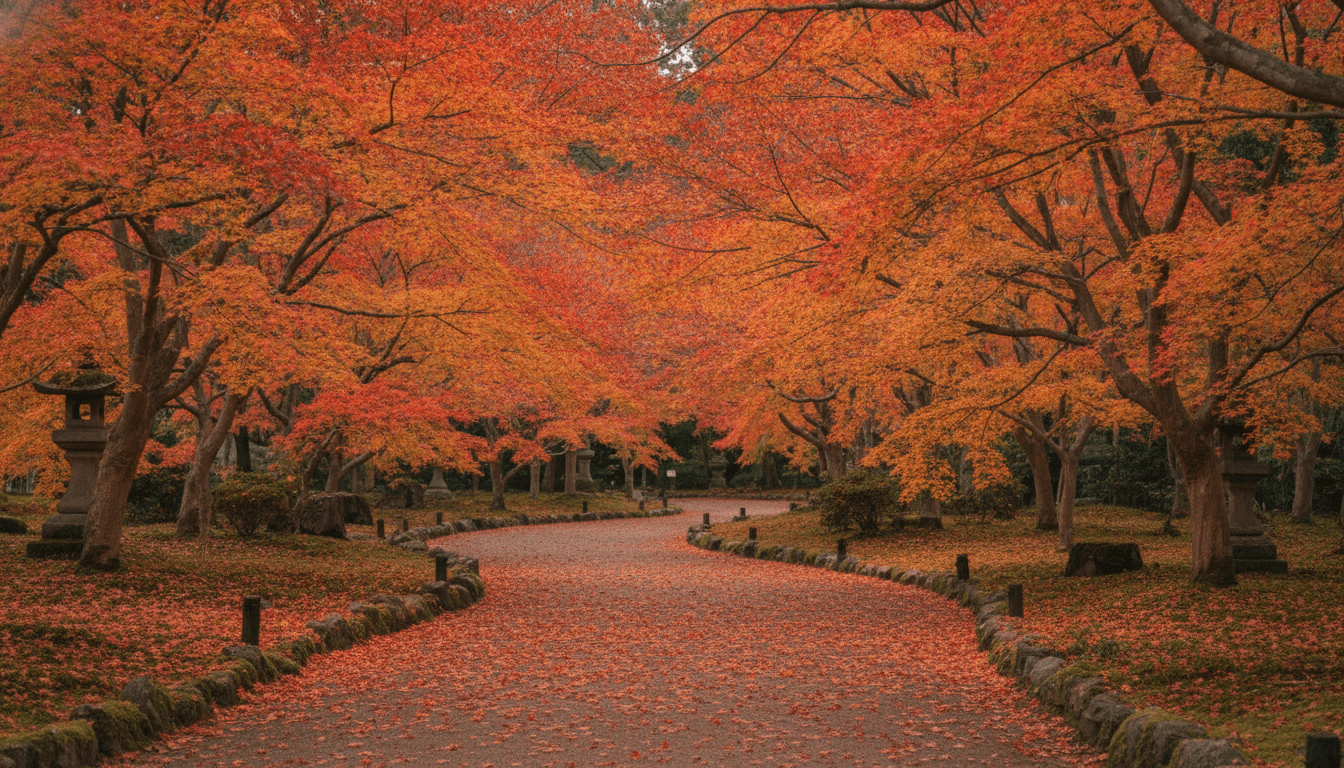 紅葉に包まれた日本庭園の静かな小道