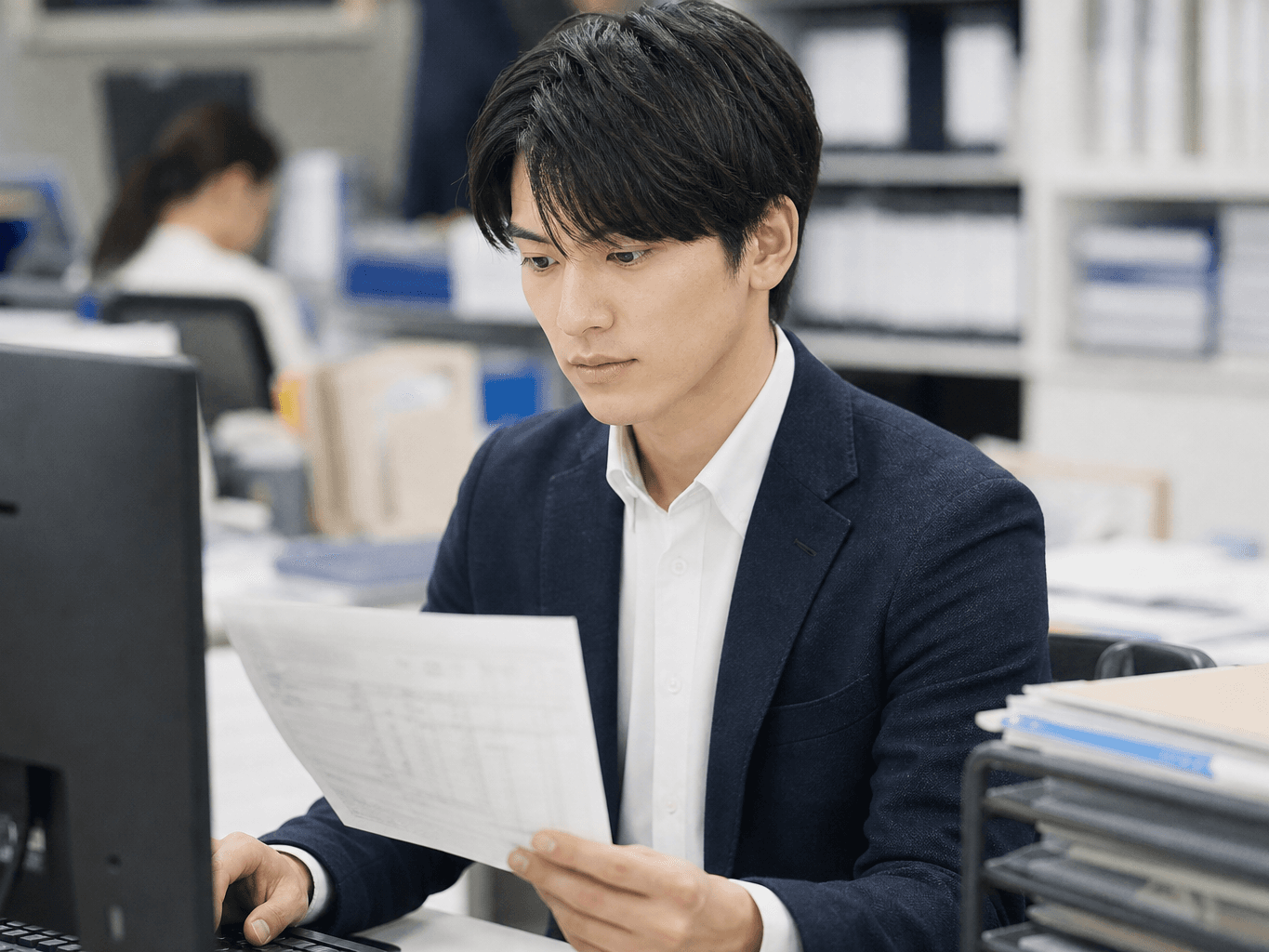 伝票を見ながら入力するオペレーター - Data entry operator typing figures from a paper slip