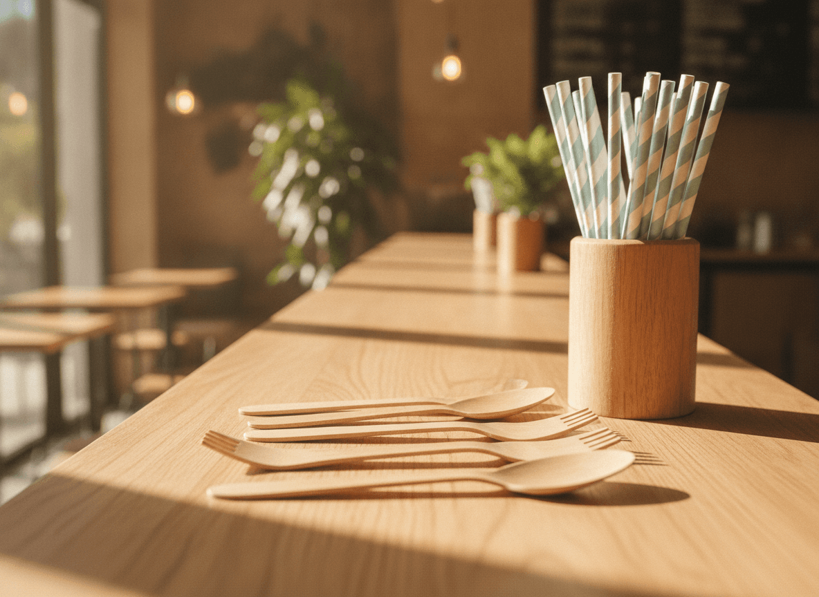 カフェの竹製カトラリーと紙ストロー - Bamboo Cutlery and Paper Straws on a Cafe Counter