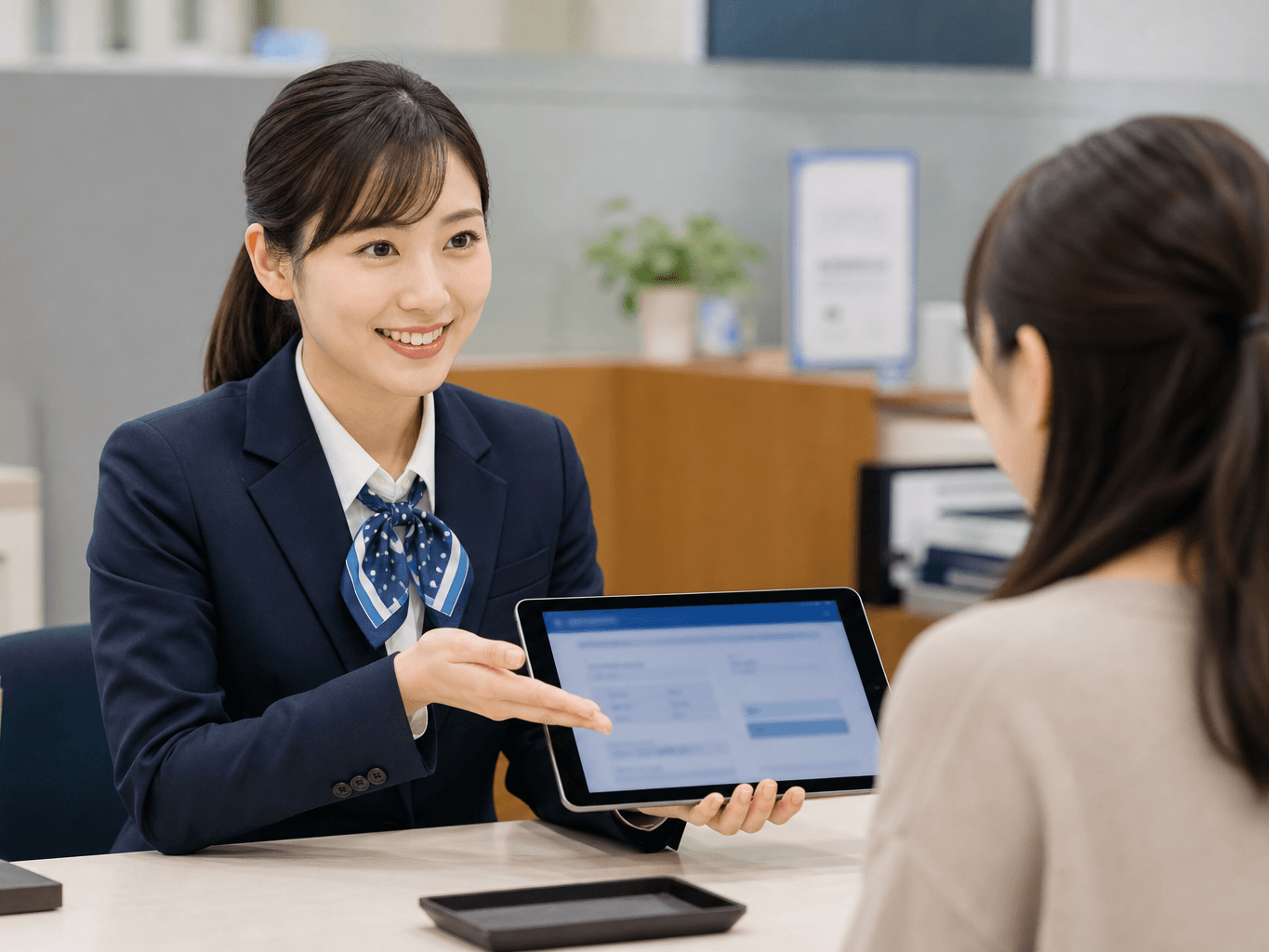 銀行の窓口カウンターでタブレットを用いて顧客に丁寧に説明する女性行員の様子