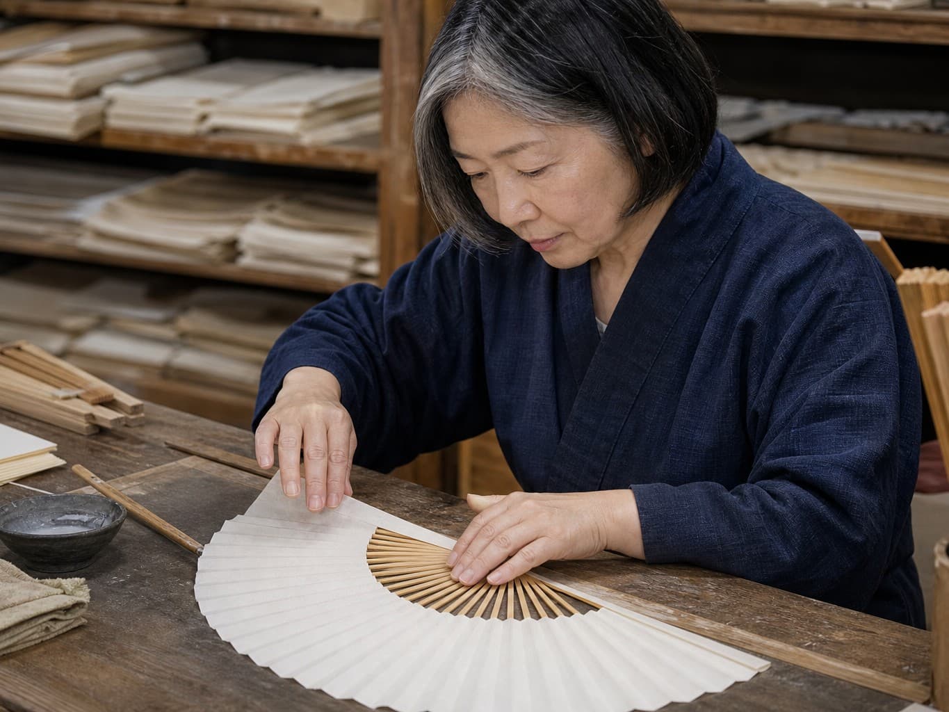 竹骨に紙を貼って仕上げる扇子職人 - Folding fan maker pasting paper onto bamboo ribs
