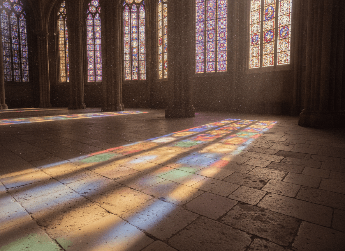 ステンドグラスの光が床に差し込む聖堂内部 - Cathedral Interior with Stained Glass Light Patterns