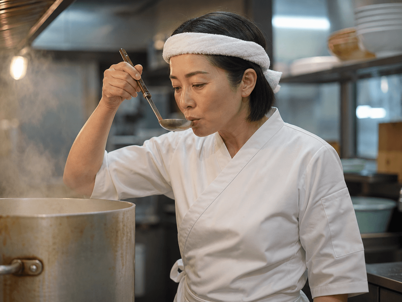 スープを仕込むラーメン屋の店主 - Ramen Shop Owner Tasting the Soup Broth