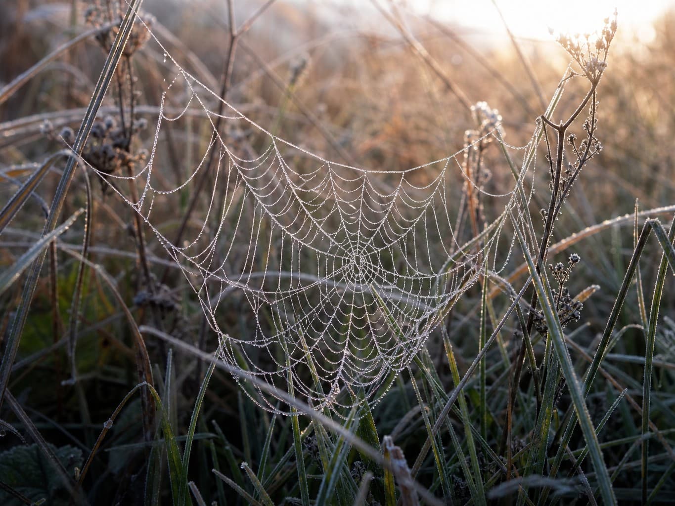朝露をまとったクモの巣のクローズアップ - Close-up of a dew-covered spiderweb on a frosty morning