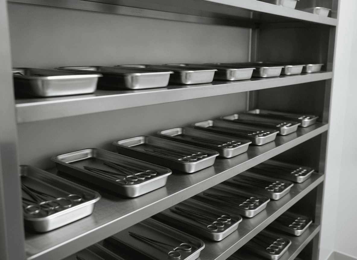 検査室のステンレス棚に並ぶ滅菌器具 - Sterilization Trays and Tweezers on Laboratory Shelves