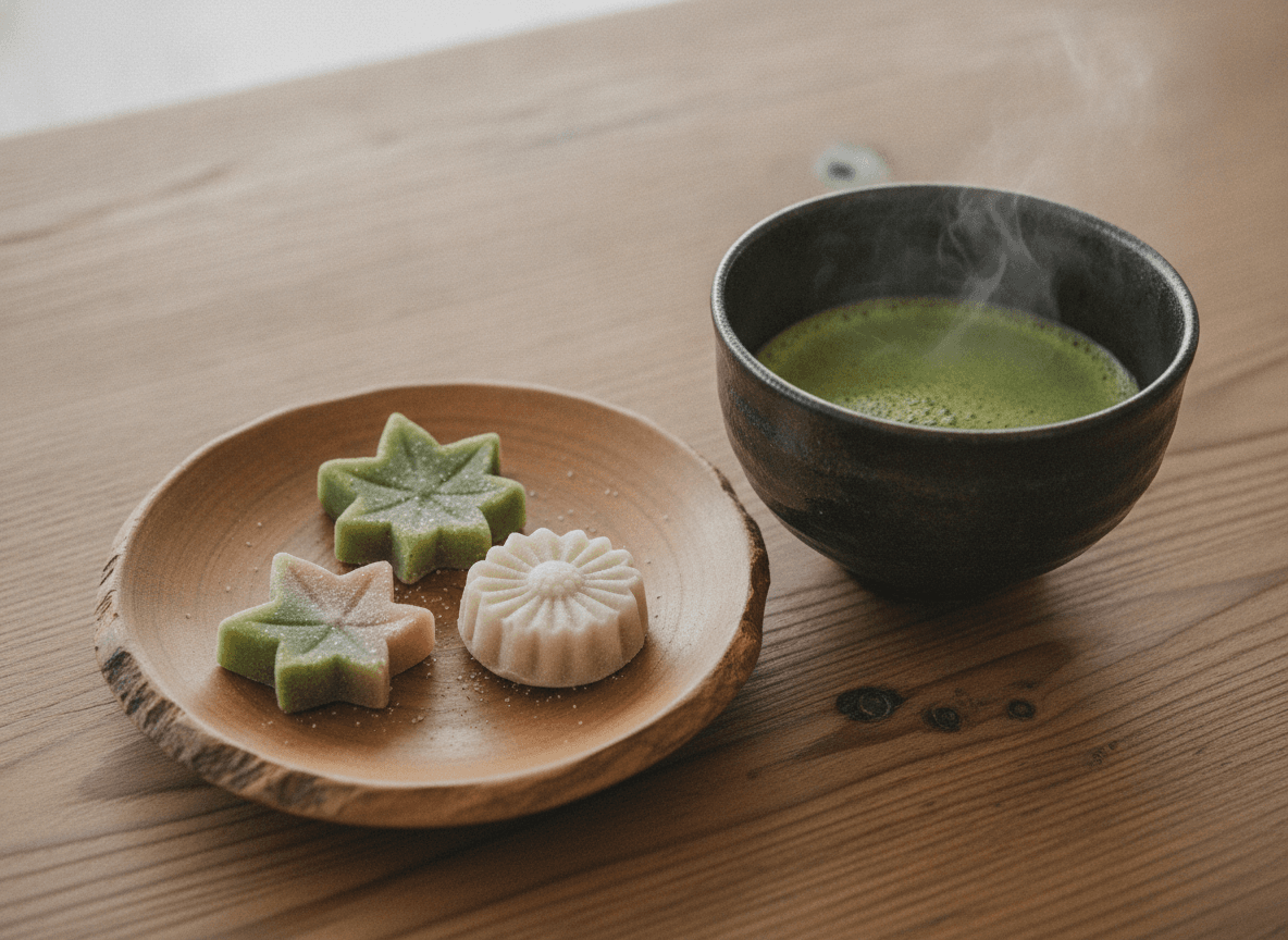 木製テーブルの上の抹茶と季節の和菓子 - Matcha and seasonal Japanese sweets on a wooden table