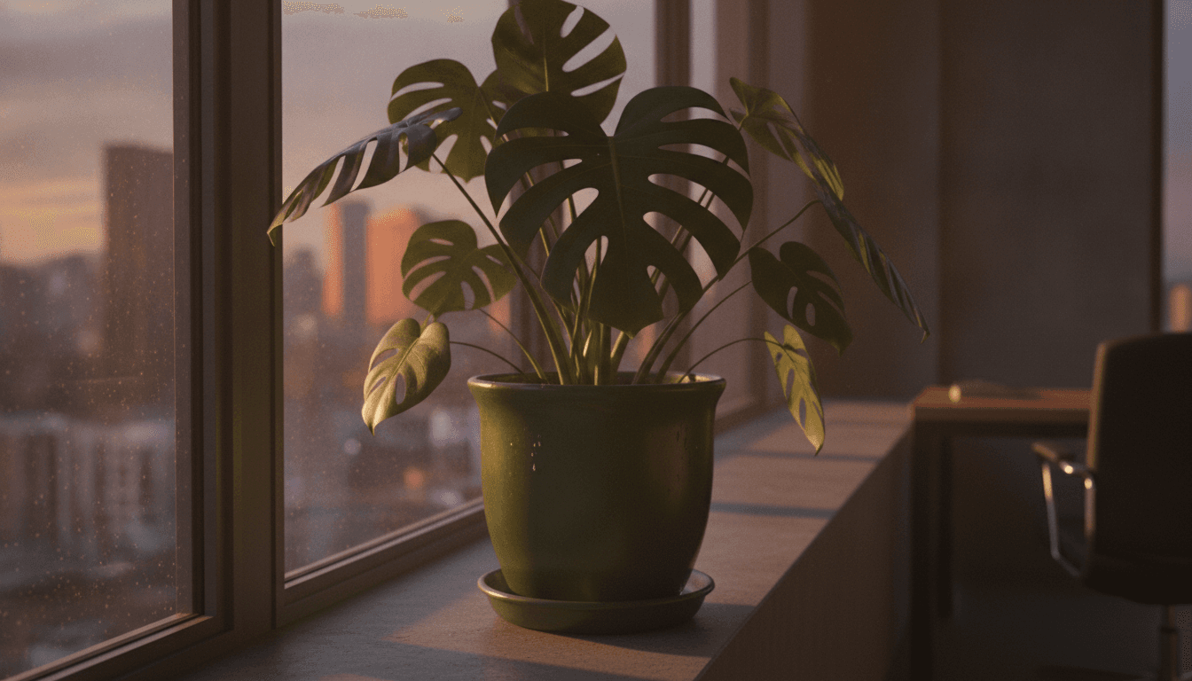 夕日が差し込むオフィスの窓辺と観葉植物