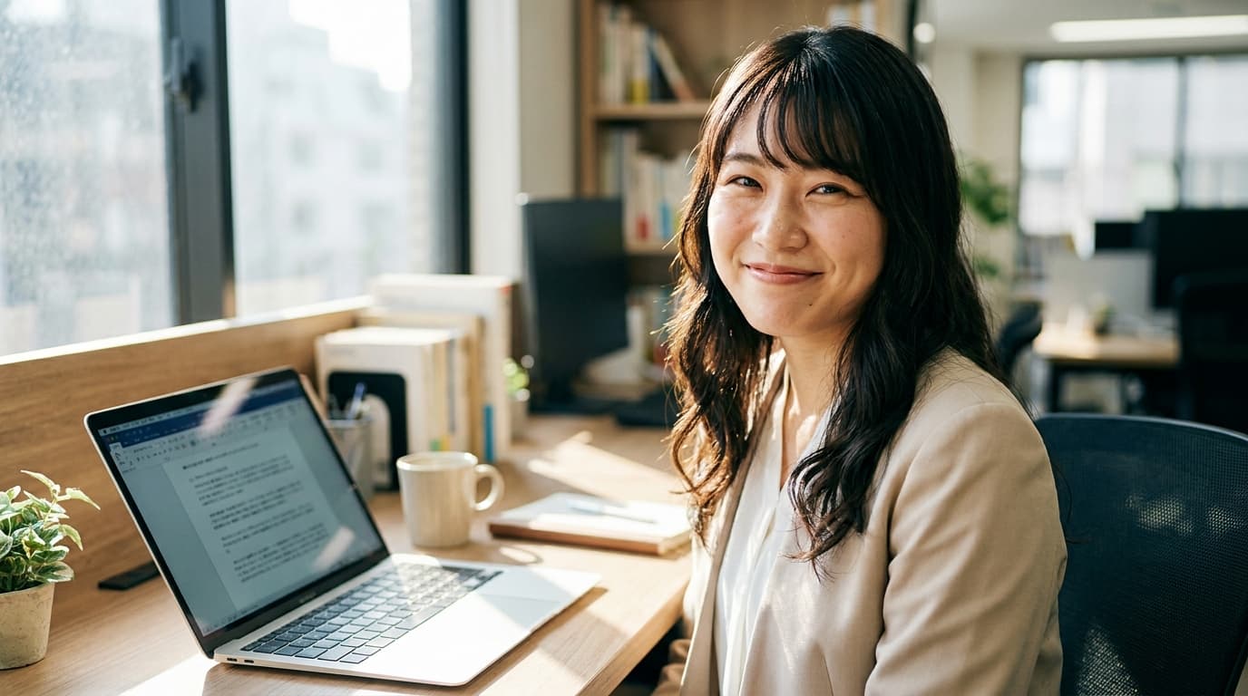 オフィスデスクでノートPCに向かう女性