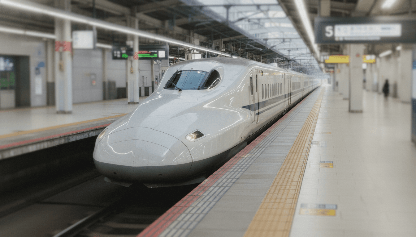 駅のホームに静かに停車する新幹線