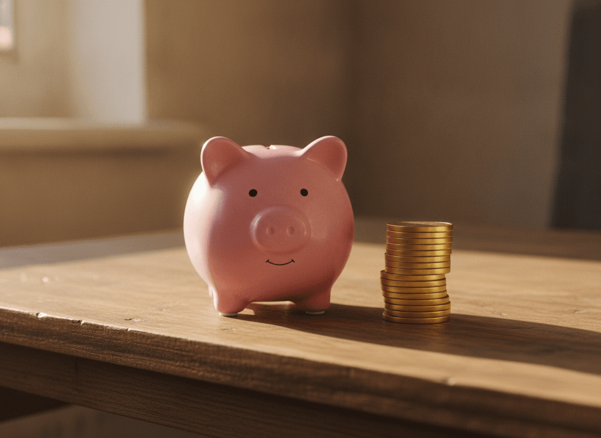 木製デスクの上に置かれたブタの貯金箱 - Piggy Bank and Golden Tokens on a Wooden Desk